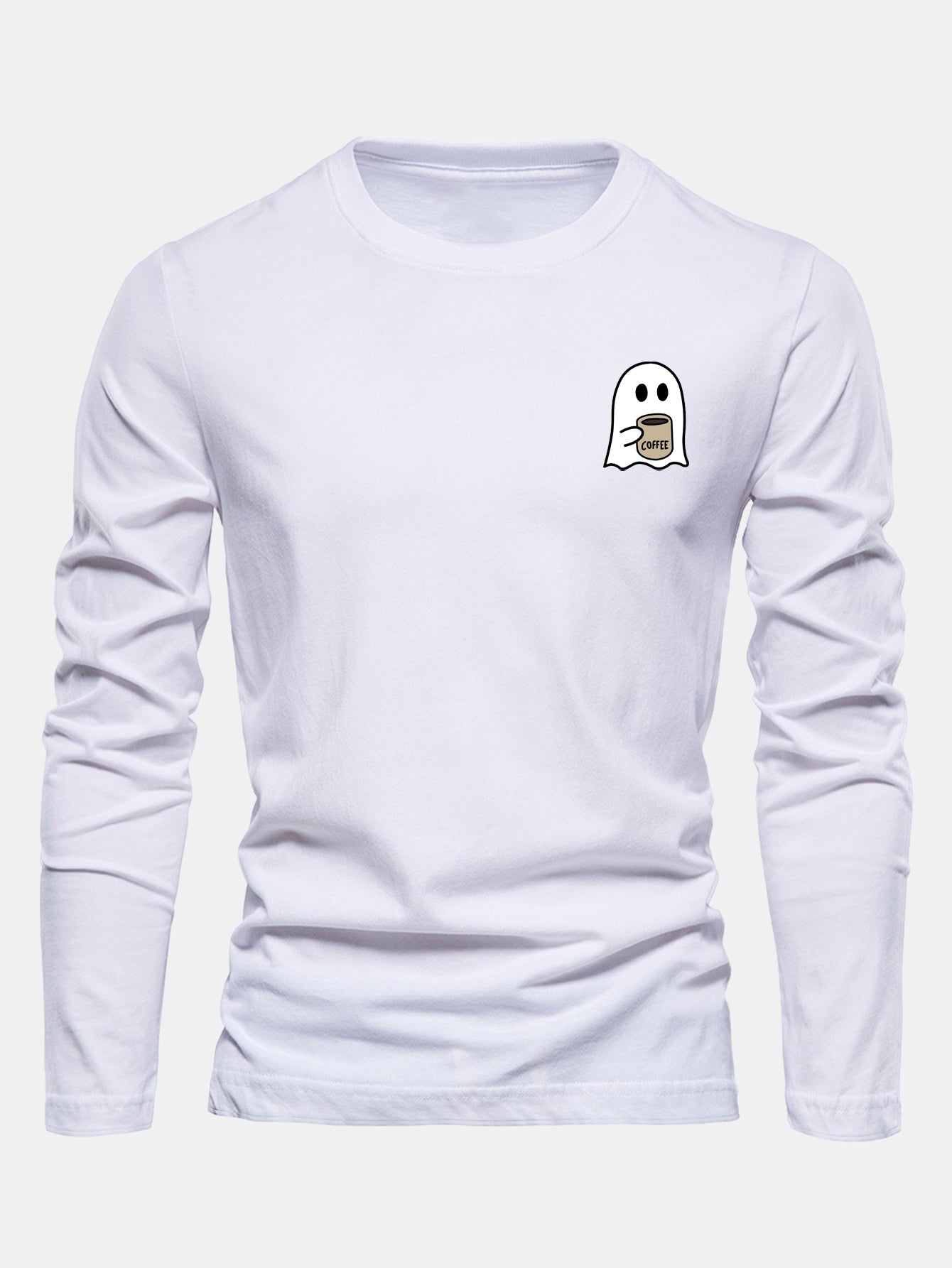 Long Sleeve Ghost Drinking Coffee Print Cotton T-Shirt