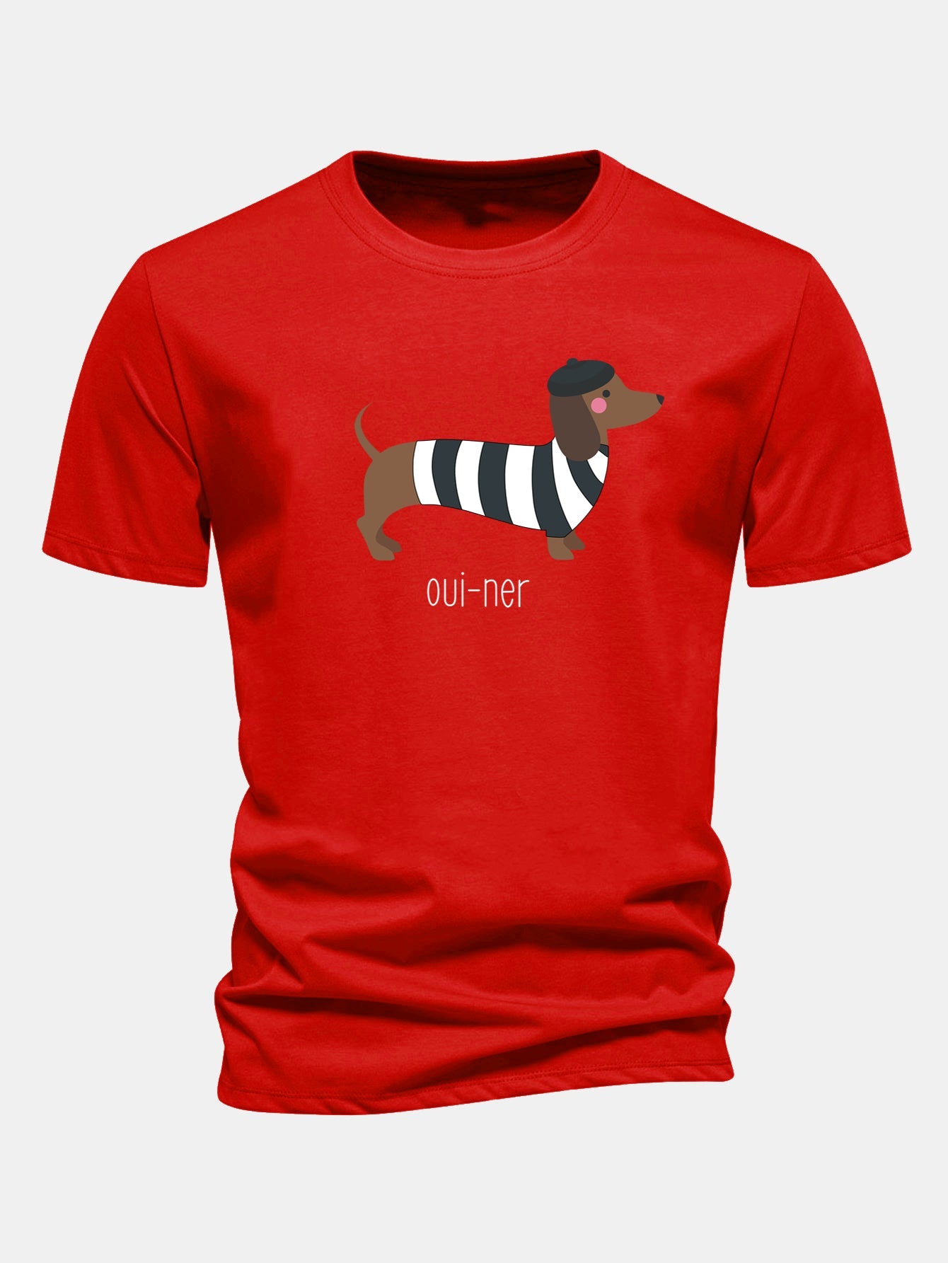 Regular Fit French Dachshund Print Cotton T-Shirt