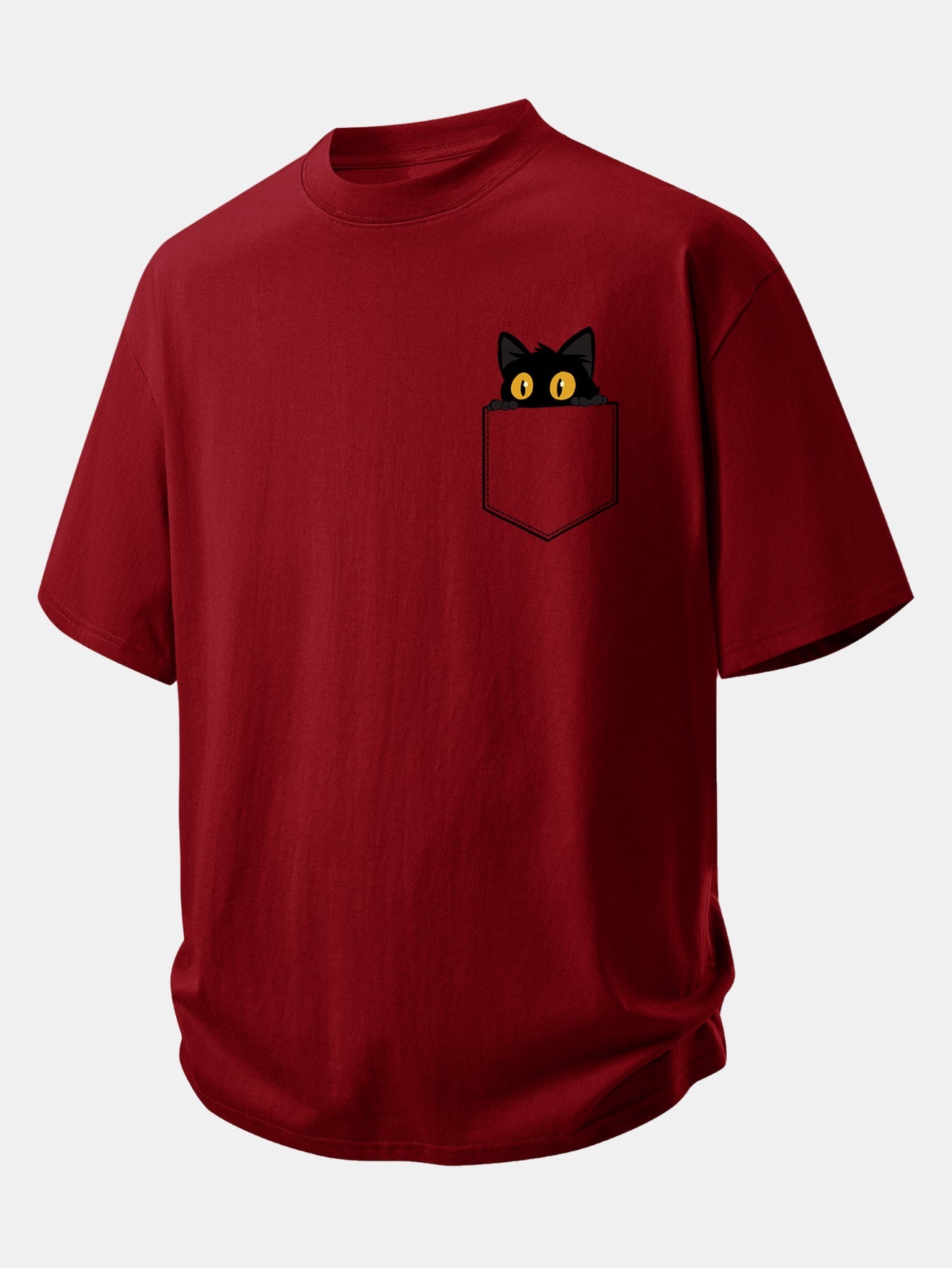 Relax Fit Pocket Black Cat Print Cotton T-Shirt