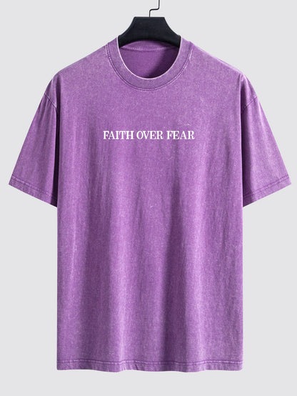 Faith Over Fear Print Washed Distressed Drop Shoulder T-Shirt