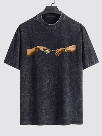 Dollar Hand Print Washed Drop Shoulder Oversize T-Shirt