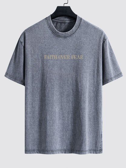 Faith Over Fear Print Washed Distressed Drop Shoulder T-Shirt