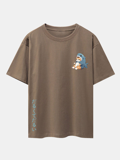 Cat In Shark Costume Print Drop Shoulder Oversize T-Shirt