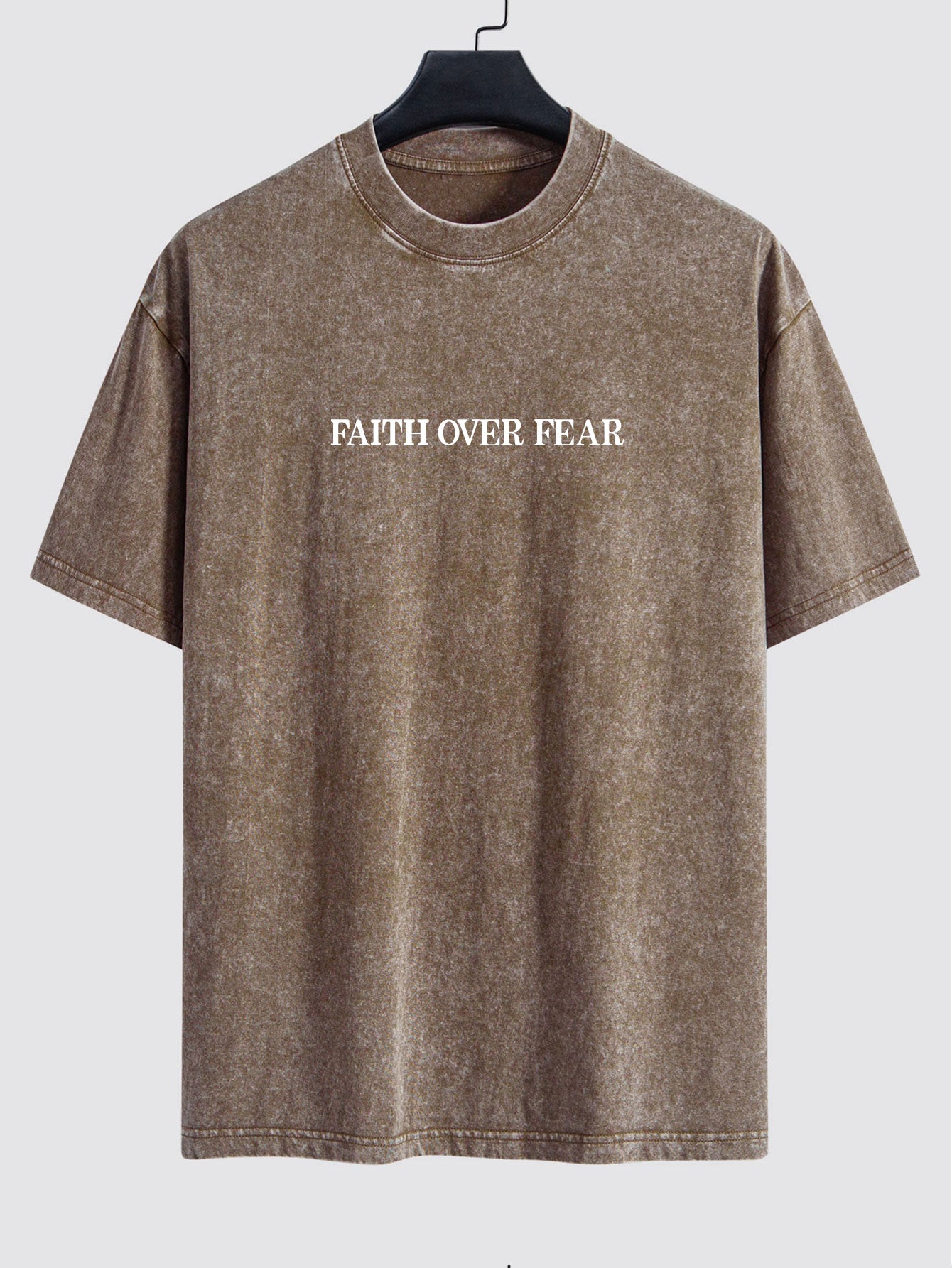 Faith Over Fear Print Washed Distressed Drop Shoulder T-Shirt