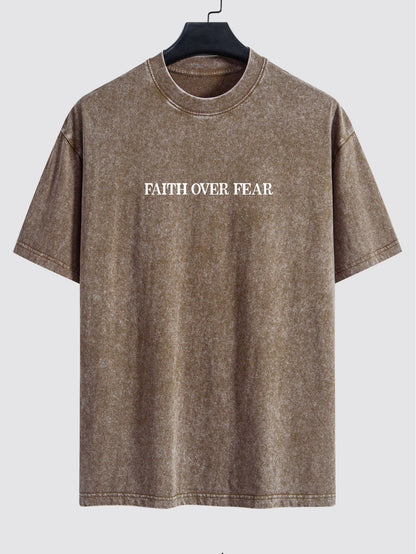 Faith Over Fear Print Washed Distressed Drop Shoulder T-Shirt