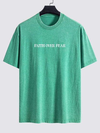 Faith Over Fear Print Washed Distressed Drop Shoulder T-Shirt