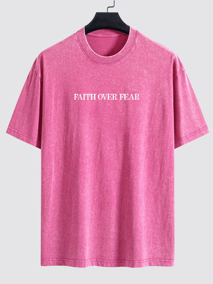 Faith Over Fear Print Washed Distressed Drop Shoulder T-Shirt