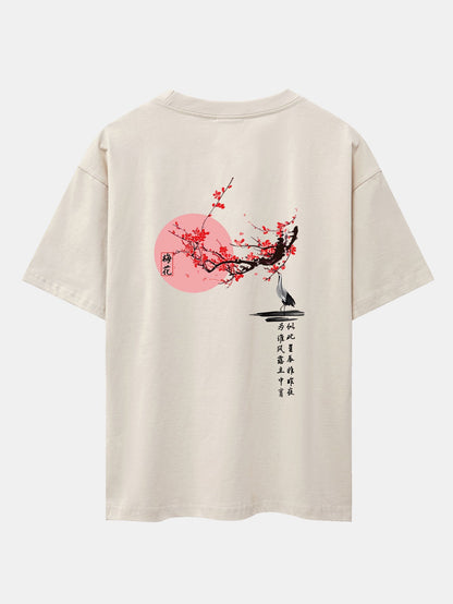 Plum Blossom And Crane Back Print Drop Shoulder Oversize T-Shirt