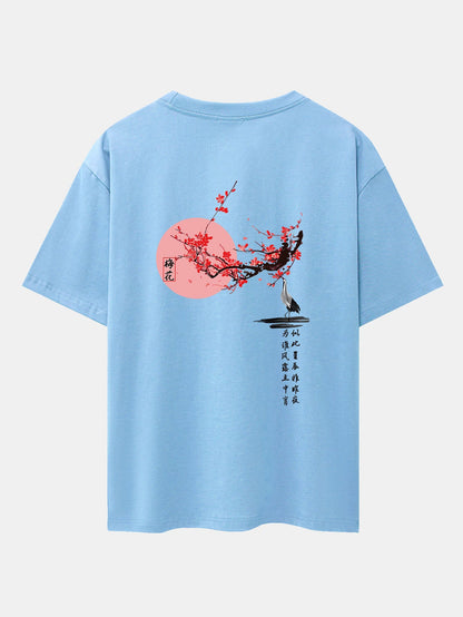 Plum Blossom And Crane Back Print Drop Shoulder Oversize T-Shirt