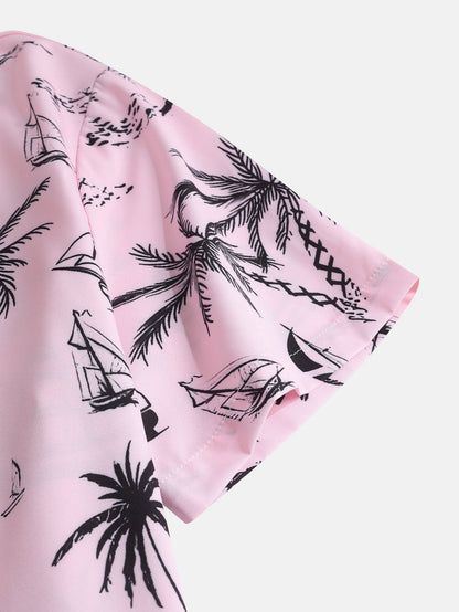 Palm Tree Sailboat Print Button Up Shirt