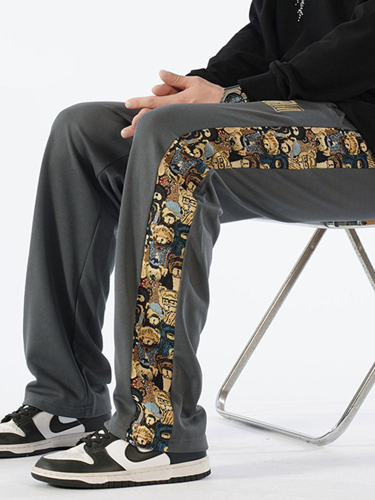 Bear Print Patchwork Straight Leg Pants