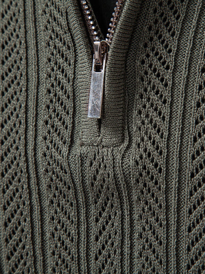 Long Sleeved Knitted Geometric Jacquard Zippe Polo Shirt