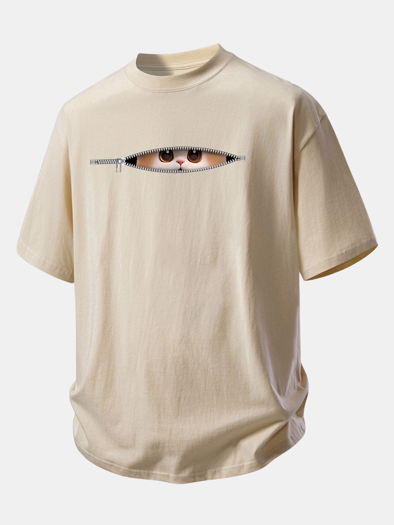 Relax Fit Zipper Cat Print Cotton T-Shirt