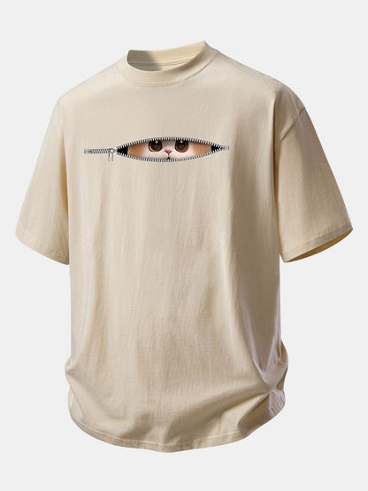 Relax Fit Zipper Cat Print Cotton T-Shirt