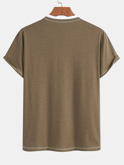 2-in-1 Notched Collar Contrast Stitching T-Shirt