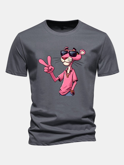 Regular Fit Pink Panther With V Sign Print Cotton T-Shirt