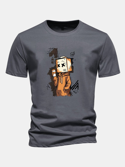 Regular Fit Cartoon Box Head Print Cotton T-Shirt