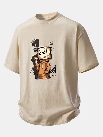 Relax Fit Cartoon Box Head Print Cotton T-Shirt