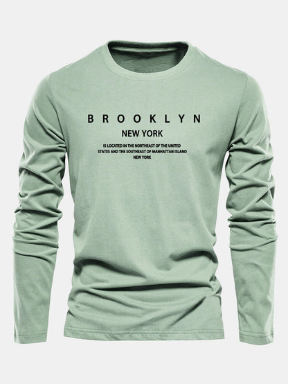 Long Sleeve NY Brooklyn Print Cotton T-Shirt