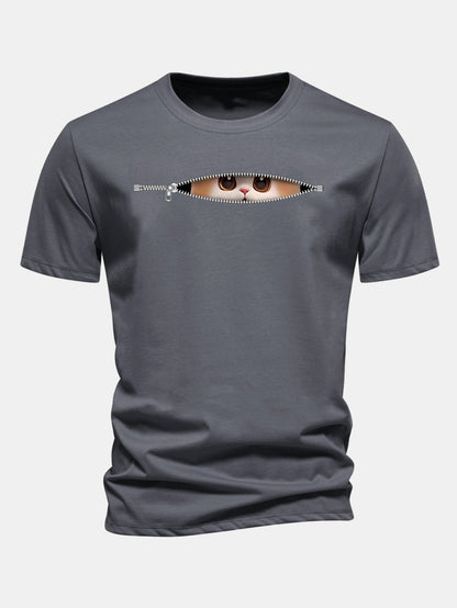 Regular Fit Zipper Cat Print Cotton T-Shirt
