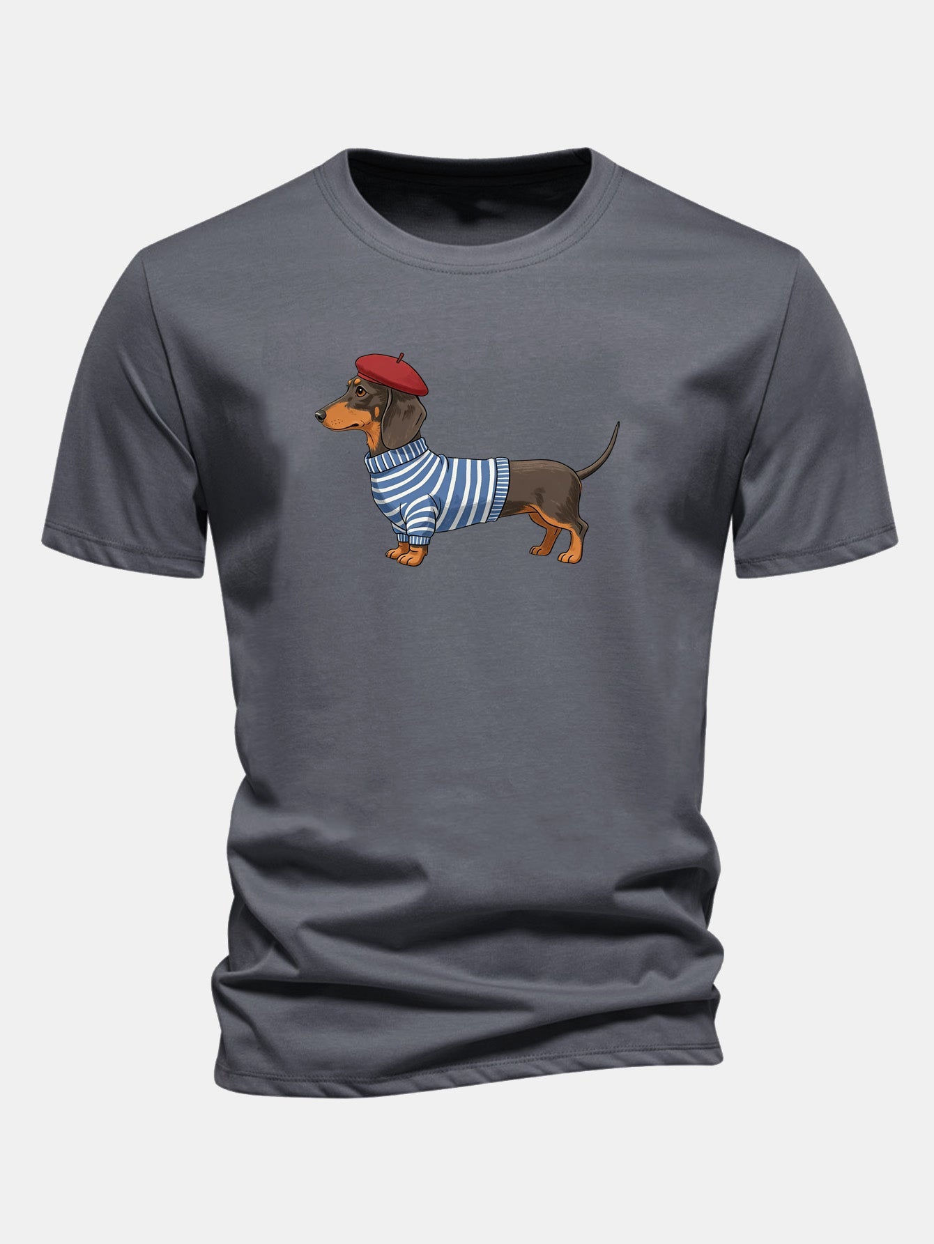 Regular Fit Dachshund Wearing Striped Sweater Print Cotton T-Shirt