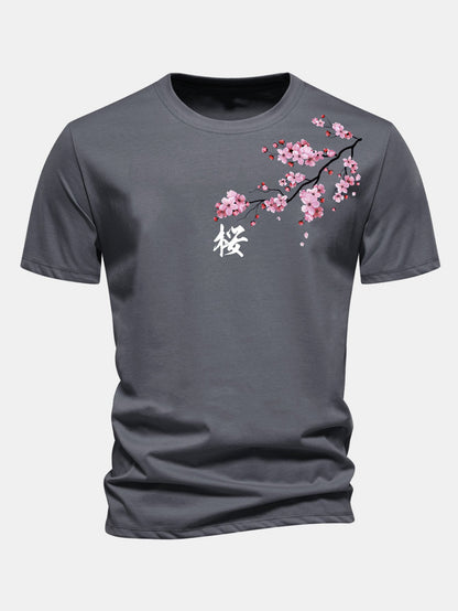 Regular Fit Cherry Blossoms Print Cotton T-Shirt