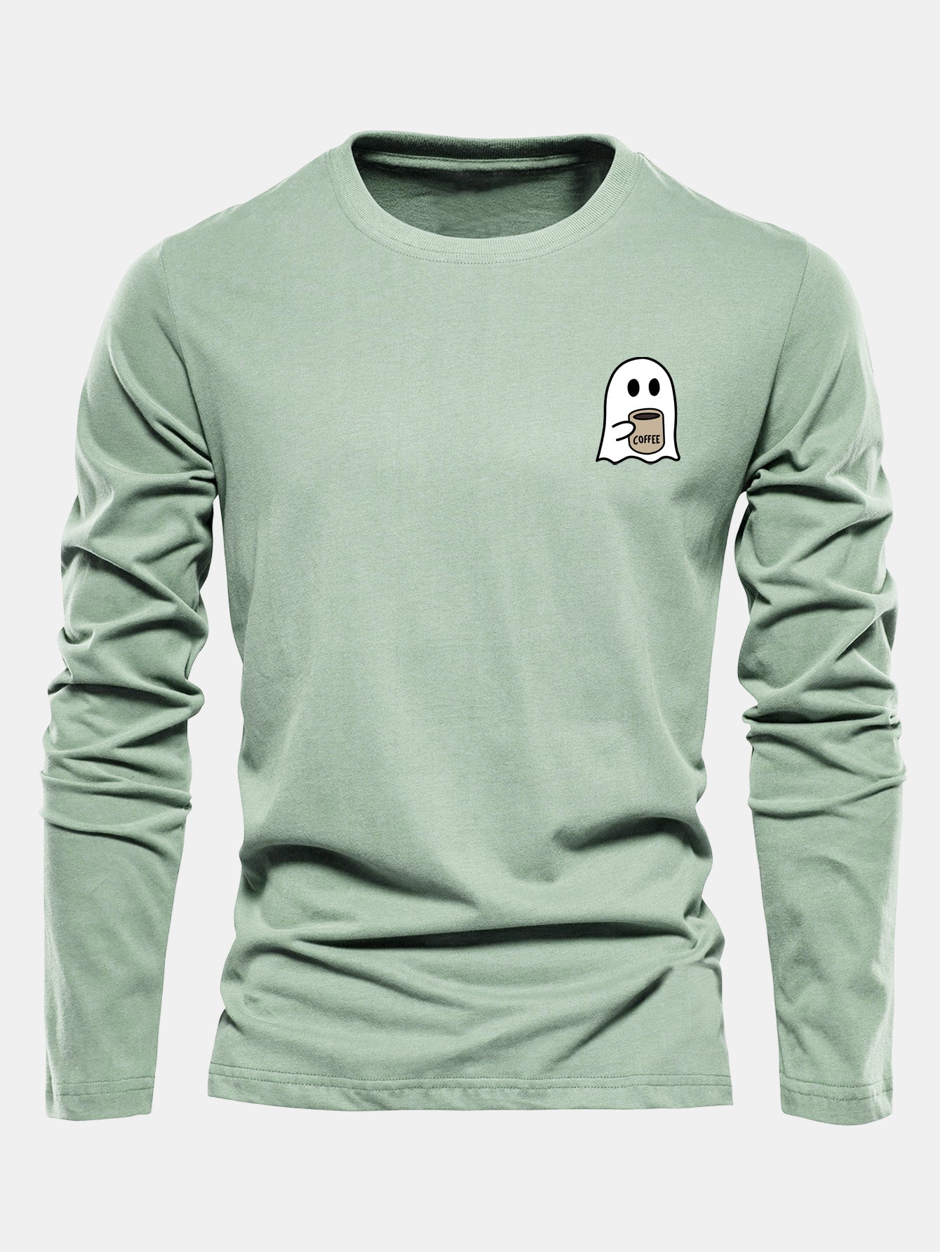 Long Sleeve Ghost Drinking Coffee Print Cotton T-Shirt