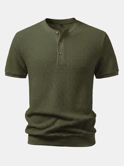 Waffle Textured Ribbed Hem Henley Shirt