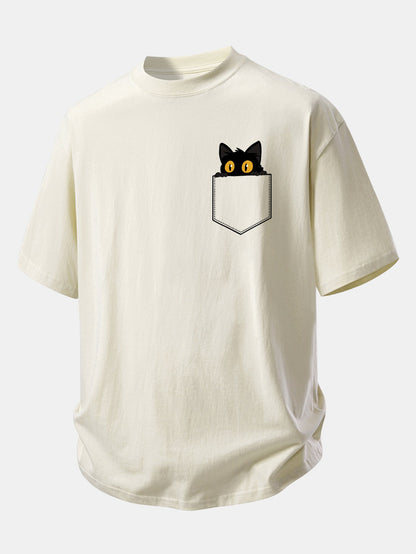 Relax Fit Pocket Black Cat Print Cotton T-Shirt