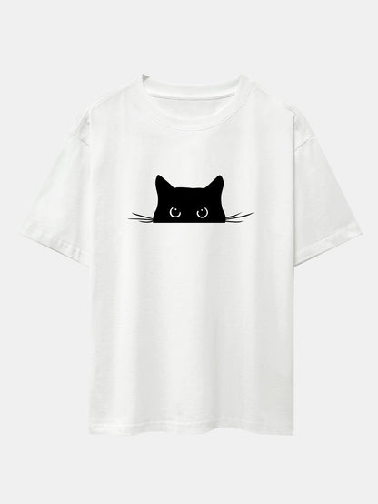 Black Cat Print Drop Shoulder Oversize T-Shirt