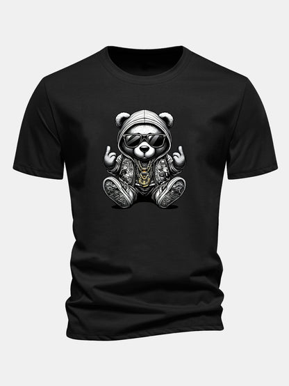Regular Fit Hip Hop Bear Print Cotton T-Shirt