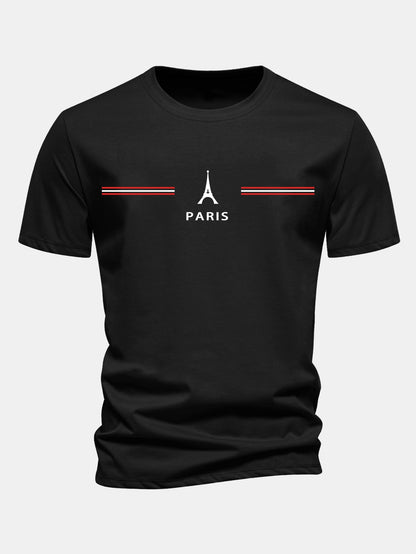 Regular Fit Paris Stripes Print Cotton T-Shirt