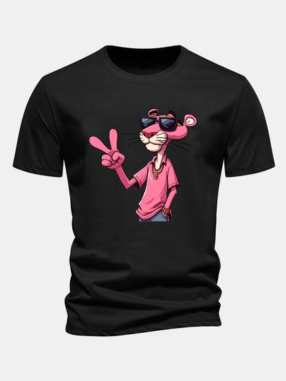 Regular Fit Pink Panther With V Sign Print Cotton T-Shirt