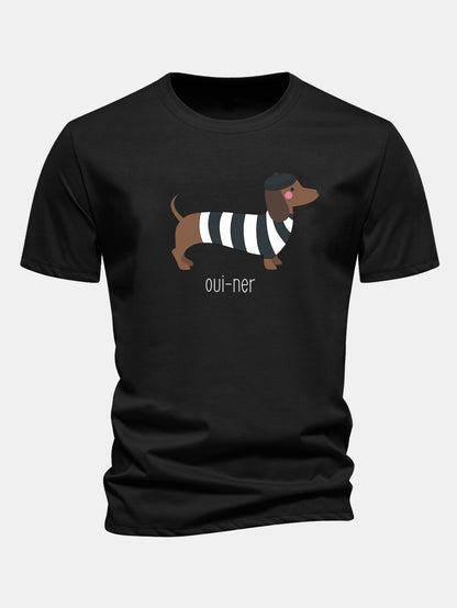 Regular Fit French Dachshund Print Cotton T-Shirt