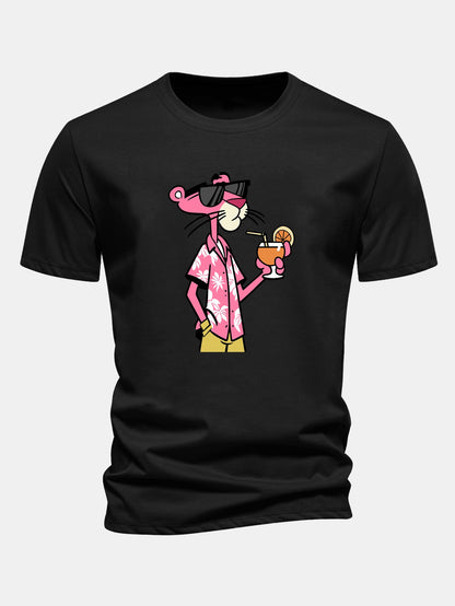 Regular Fit Vacation Pink Panther Print Cotton T-Shirt