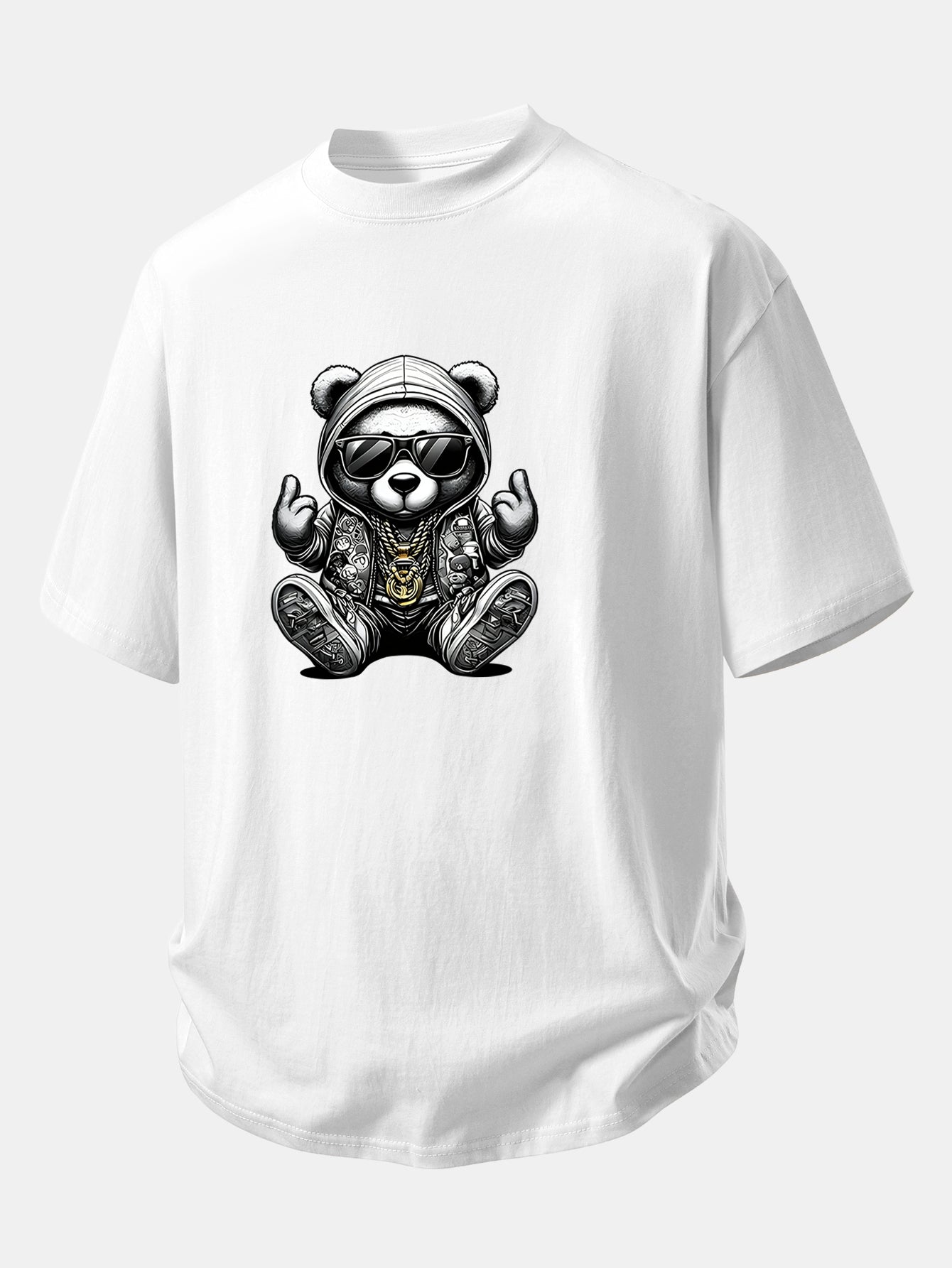 Relax Fit Hip Hop Bear Print Cotton T-Shirt