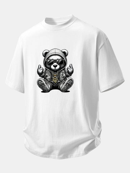 Relax Fit Hip Hop Bear Print Cotton T-Shirt