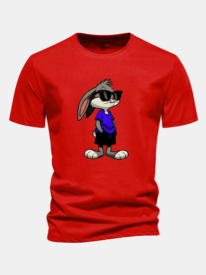 Regular Fit Sunglasses Rabbit Print Cotton T-Shirt