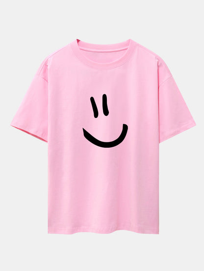 Smiley Face Print Drop Shoulder Oversize T-Shirt