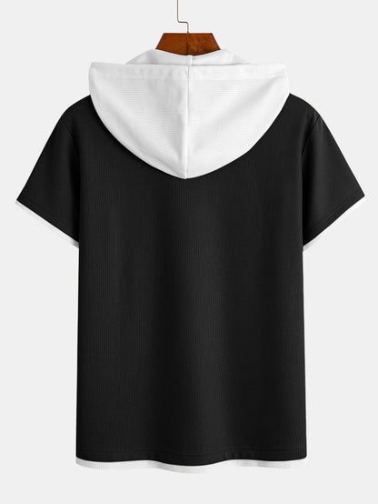 Contrast Button-Placket Waffle Hooded T-Shirt