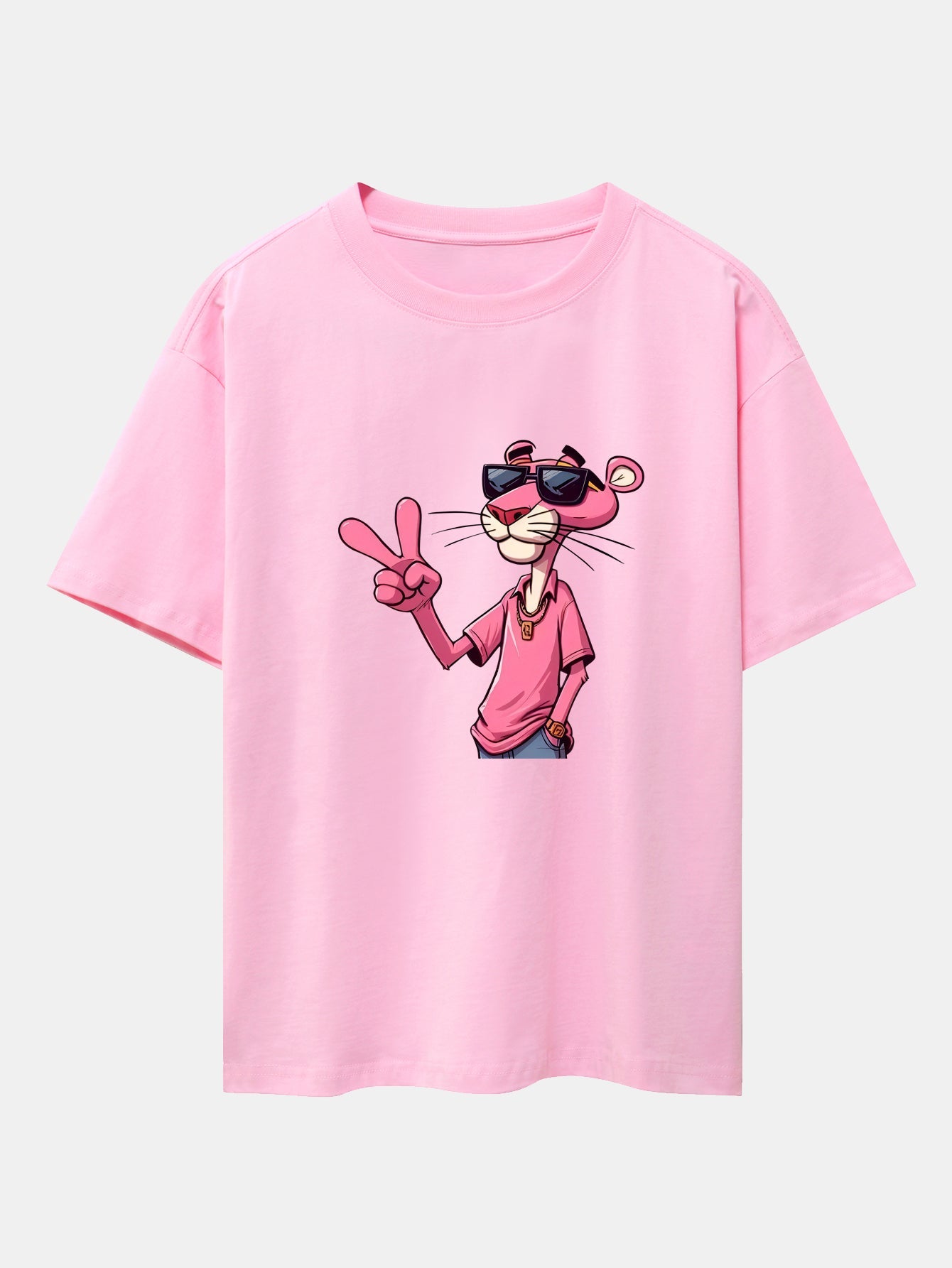 Pink Panther With V Sign Print Drop Shoulder Oversize T-Shirt