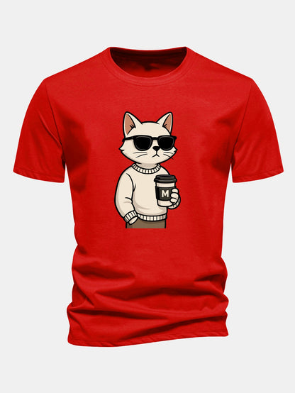 Regular Fit Cat Drinking Coffee Print Cotton T-Shirt