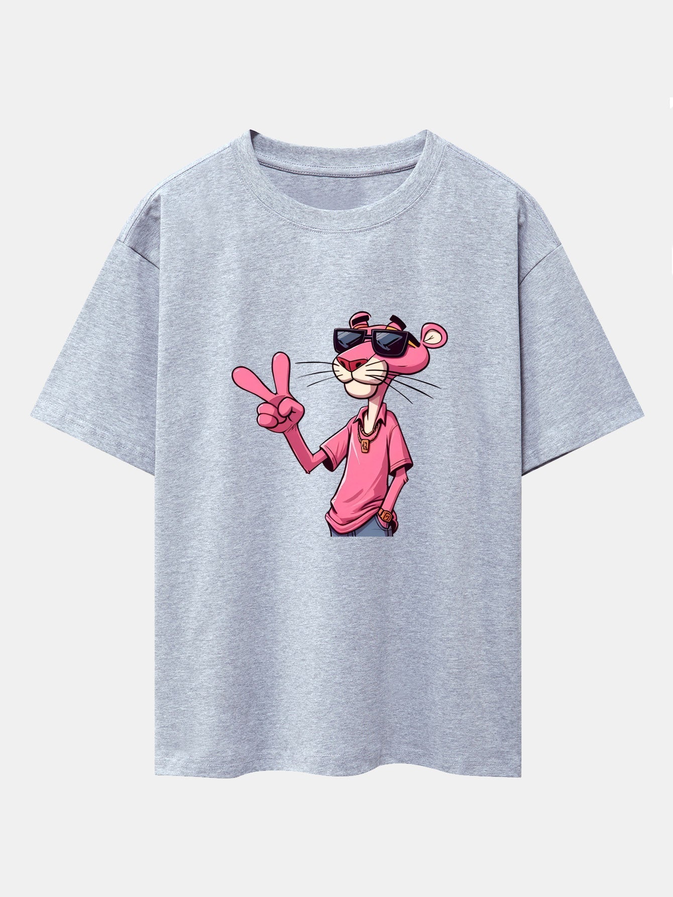 Pink Panther With V Sign Print Drop Shoulder Oversize T-Shirt