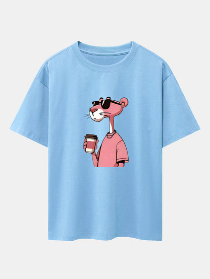 Pink Panther Drinking Coffee Print Drop Shoulder Oversize T-Shirt