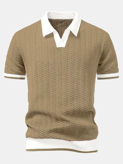 Texture Contrast Knitted V Neck Polo Shirt