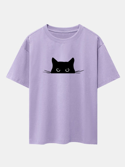 Black Cat Print Drop Shoulder Oversize T-Shirt