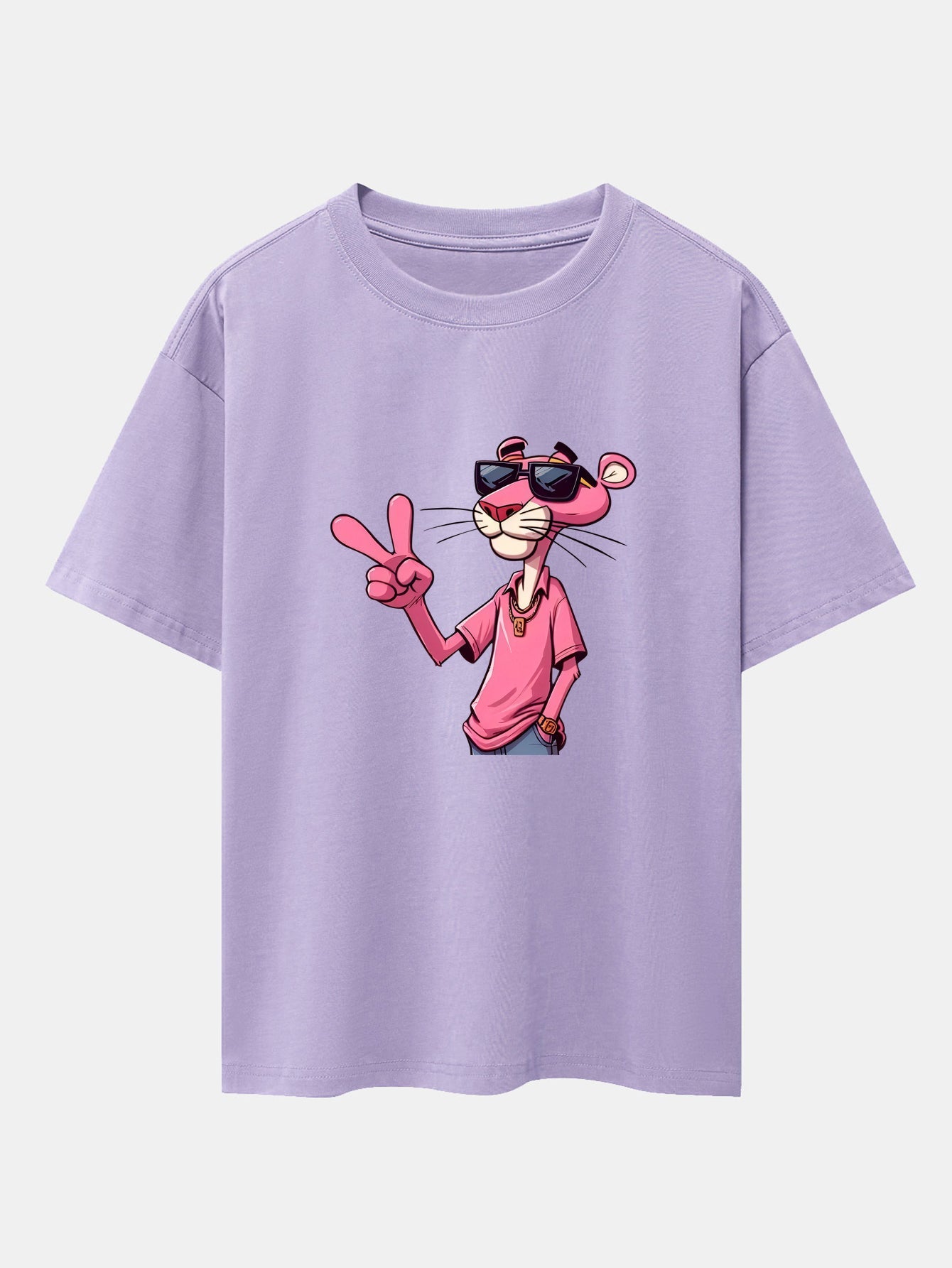 Pink Panther With V Sign Print Drop Shoulder Oversize T-Shirt