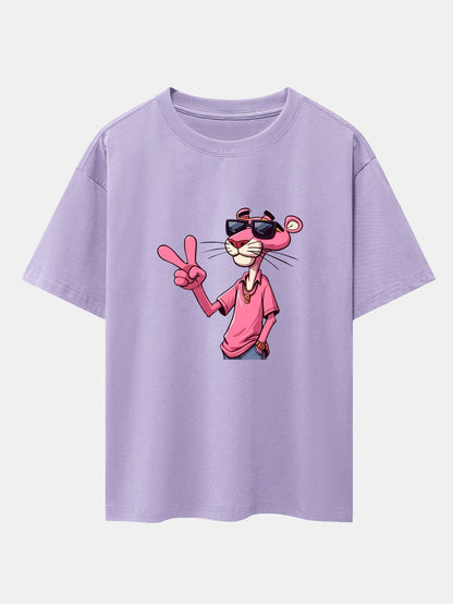 Pink Panther With V Sign Print Drop Shoulder Oversize T-Shirt