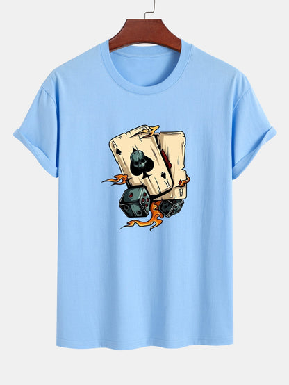 Regular Fit Dice Playing Cards Print Cotton T-Shirt