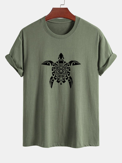 Regular Fit Geometric Turtle Print Cotton T-Shirt